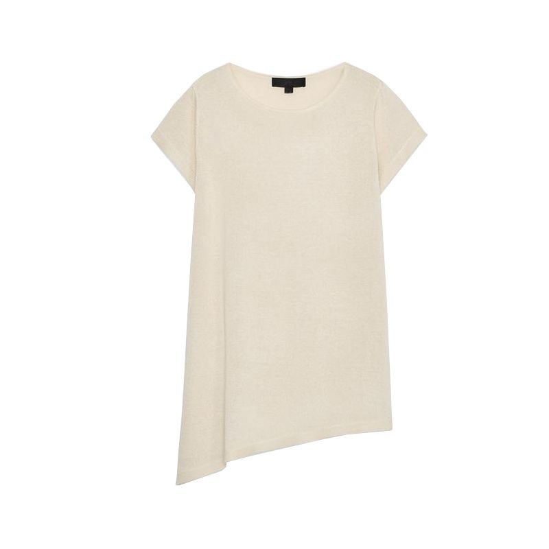 Summer New Product Women's Clothes Rib Trim round Neck Short Sleeve Asymmetric Hem Knitting Tops 1509003