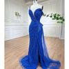 High-end sexy one-word shoulder fish blue split fork fish tail temperament socialite banquet host dress LA11111