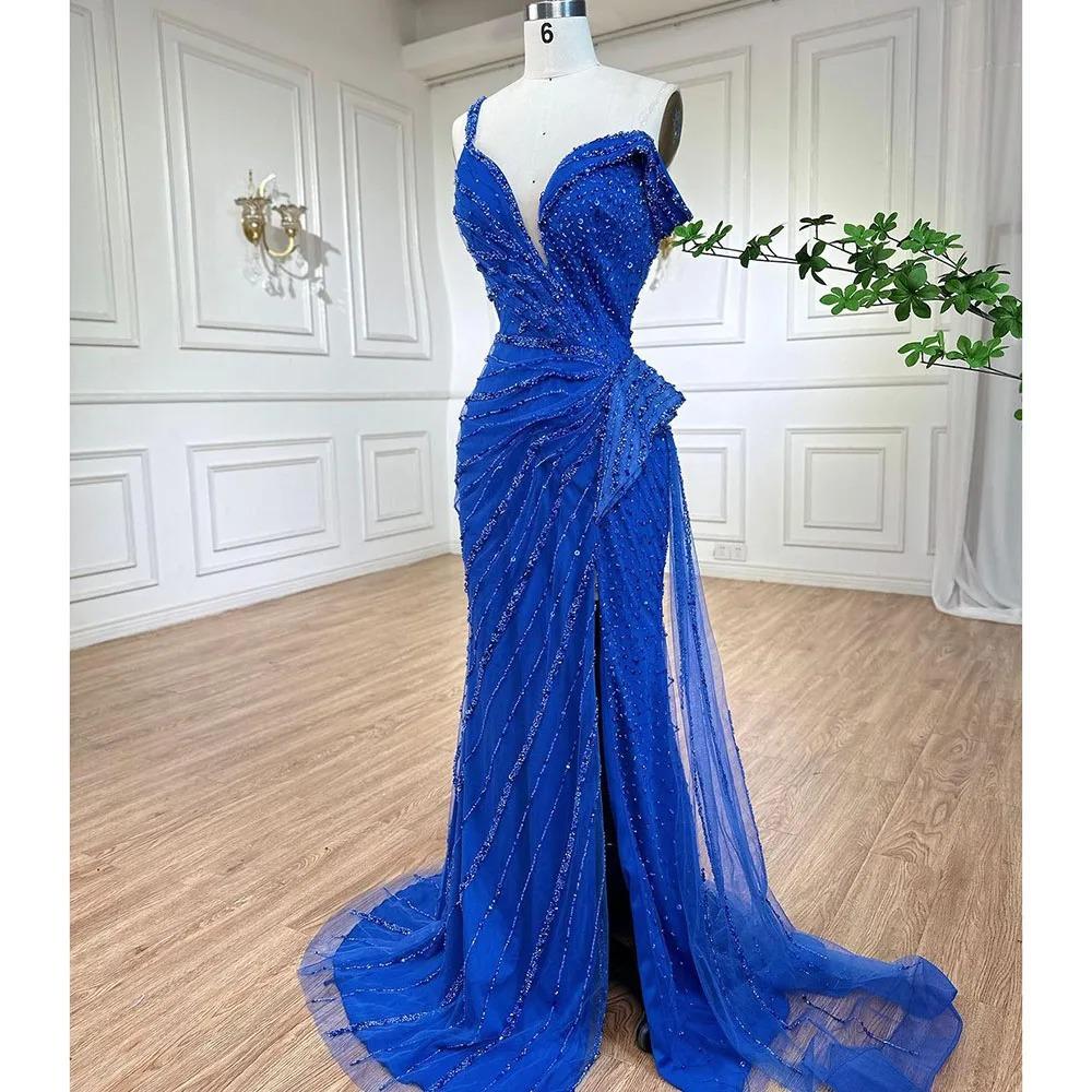 High-end sexy one-word shoulder fish blue split fork fish tail temperament socialite banquet host dress LA11111