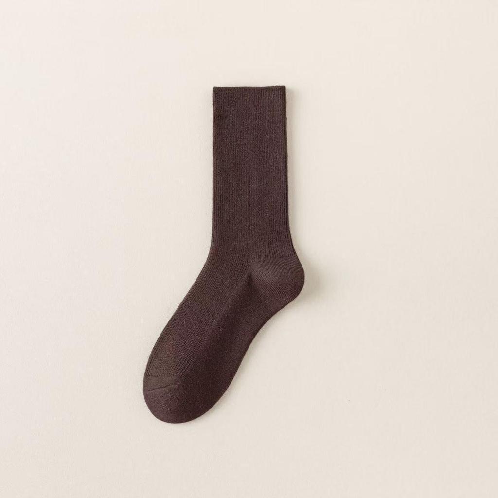 Women's Wool Cashmere Mid-Calf Socks - Warm, Solid, Coffee Color, Japanese Style 