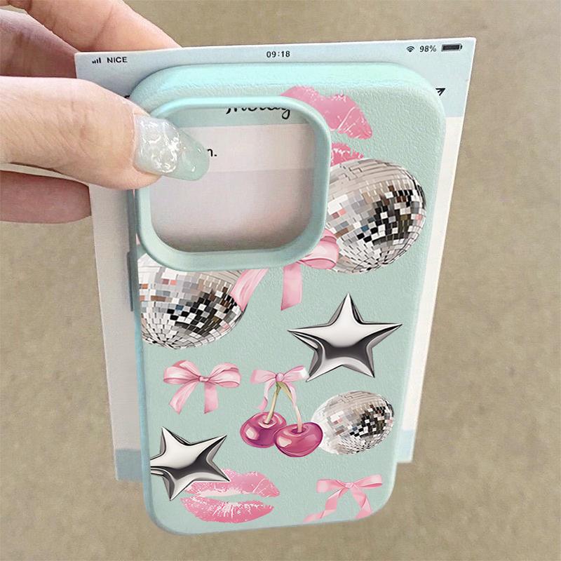 Cherry Bowknots Lips Disco Ball Pattern Case For iPhone 17 Pro Max iPhone 16 Pro Max 15 14 13 12 11 16E Air Luxury Leather Texture Silicone Cover