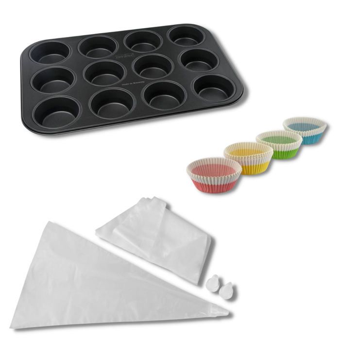 Ensemble 3 pieces spécial muffins - ZENKER - Moule 12 empreintes, 100 moules papier et 20 poche a douille