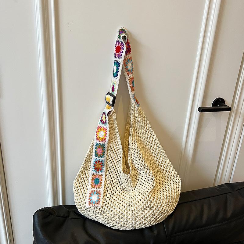 Large Capacity Crochet Tote Bag Ethnic Style Hollow Out Woven Bag Embroidered Strap Knitting Handbag For Female Travel AVE