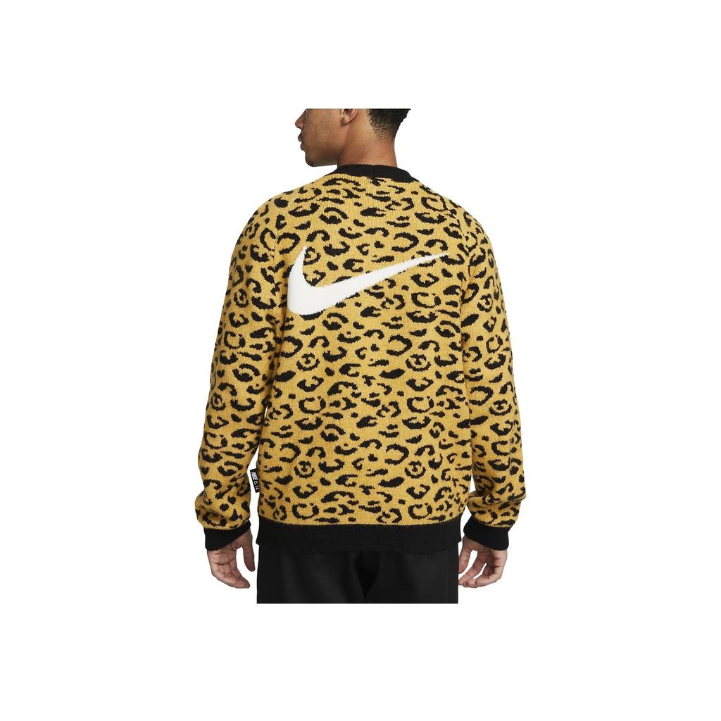 Nike Leopard Print Logo Jacquard Deep V-Neck Long Sleeve Knit Top Men Tops Yellow DV9904-725