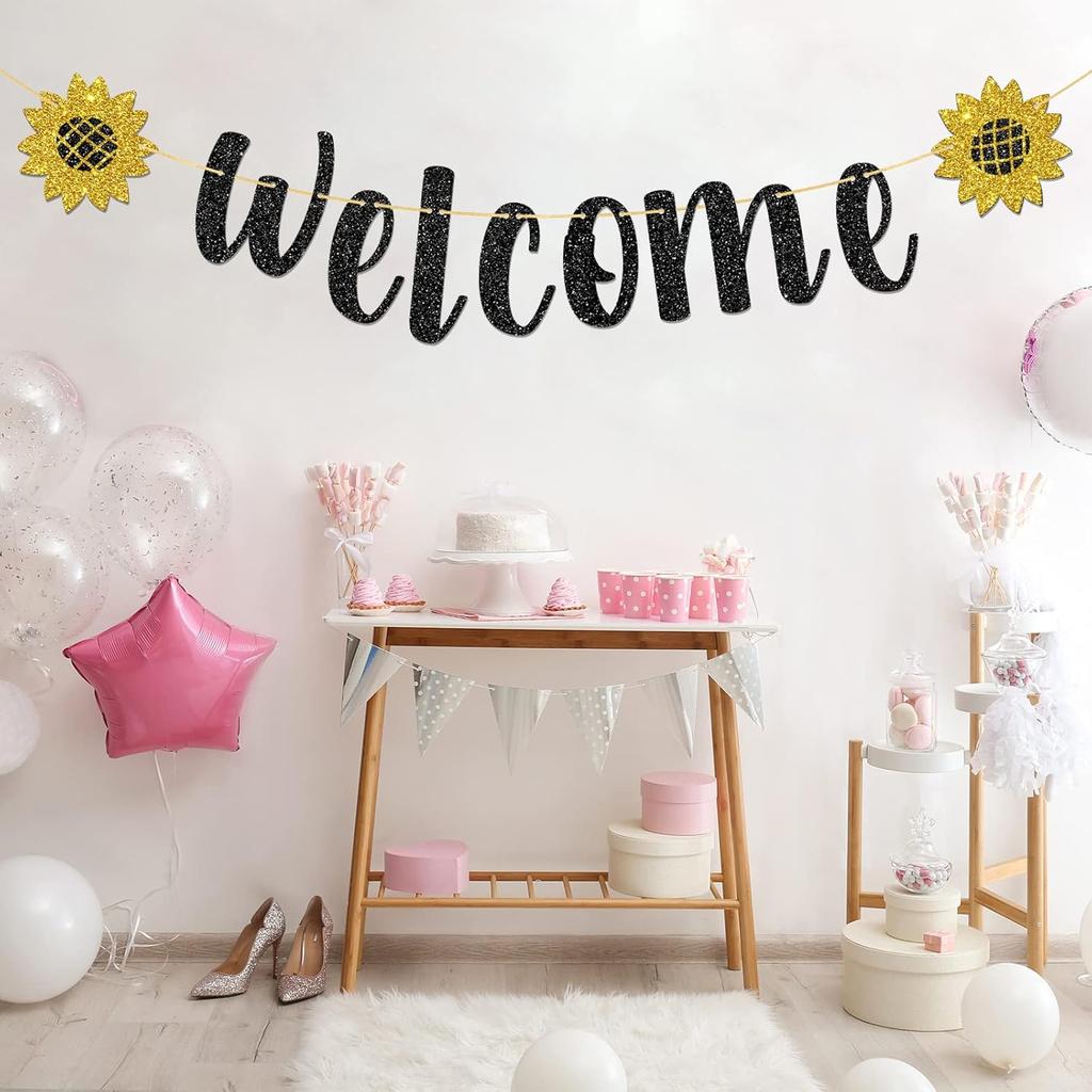 Welcome Banner, Black Glitter Hanging Sign Party Decorations, Induction Party | Home | School New Terms Beg Sign Bunting 6.3 Feet