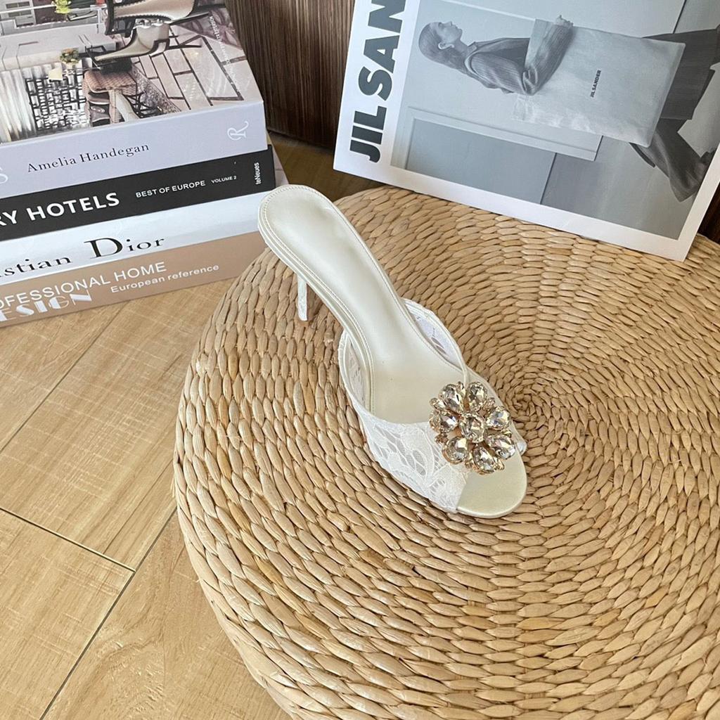 Fashion Women'S Summer Rhinestone Lace Round-Toe High Heels, Mesh Fabric Breathable Rhinestone Thin Heel Sandals