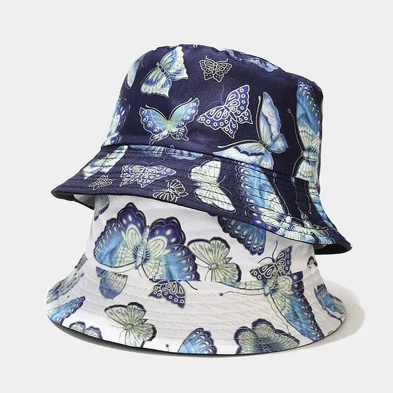 Spring Cotton Cartoon Butterfly Print Bucket Hat Fisherman Hat Outdoor Travel Sun Cap for Men and Women 115