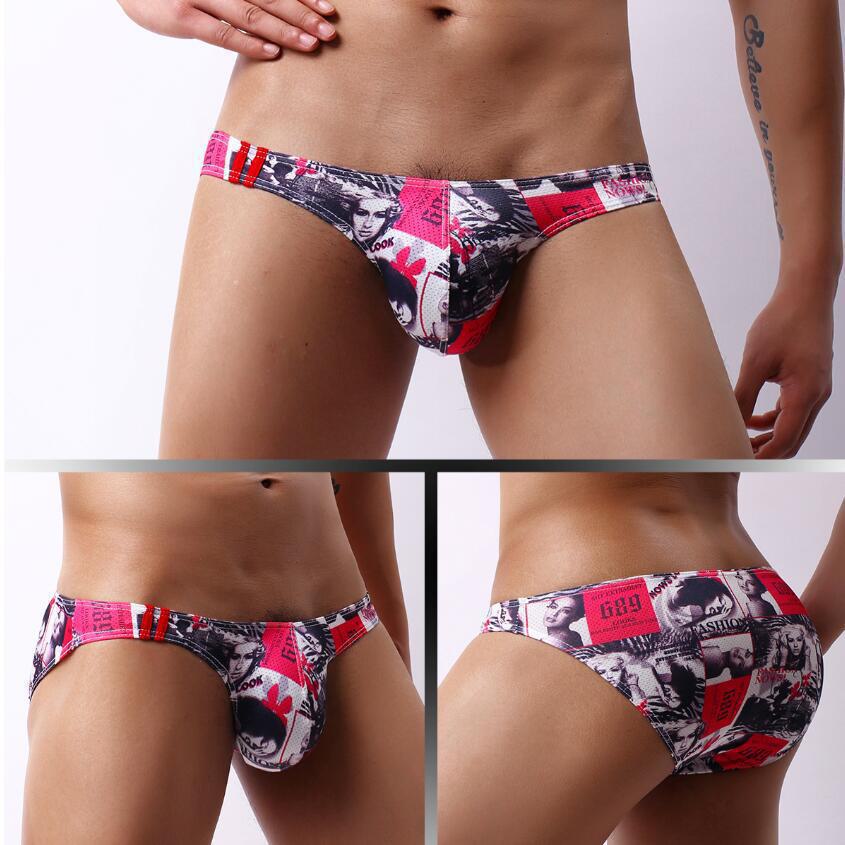 Pánské slipy s nízkým pasem, U konvexním střihem a potiskem v evropském a americkém stylu - Prodyšné, odvádějící vlhkost, trojúhelníkový design (E073)