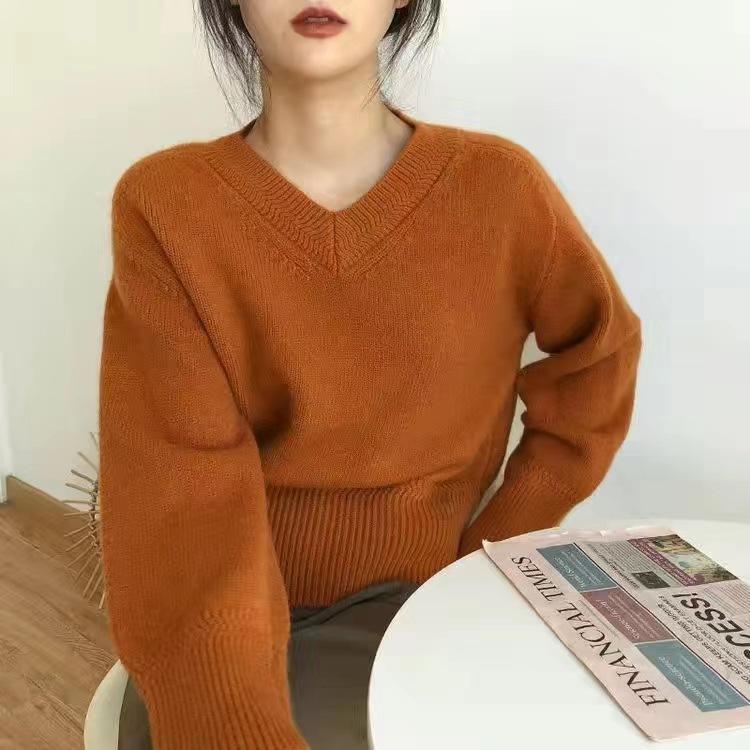 V-Ausschnitt Einfarbiger Pullover für Damen Im Herbst und Winter Koreanischer Vintage Strickpullover Lockerer und lässiger Pullover