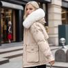 Winter Women Coat Cotton Jacket Furry Hood Thickened Plush Mid Length Long Sleeves Elastic Waist Zipper Closure Pockets