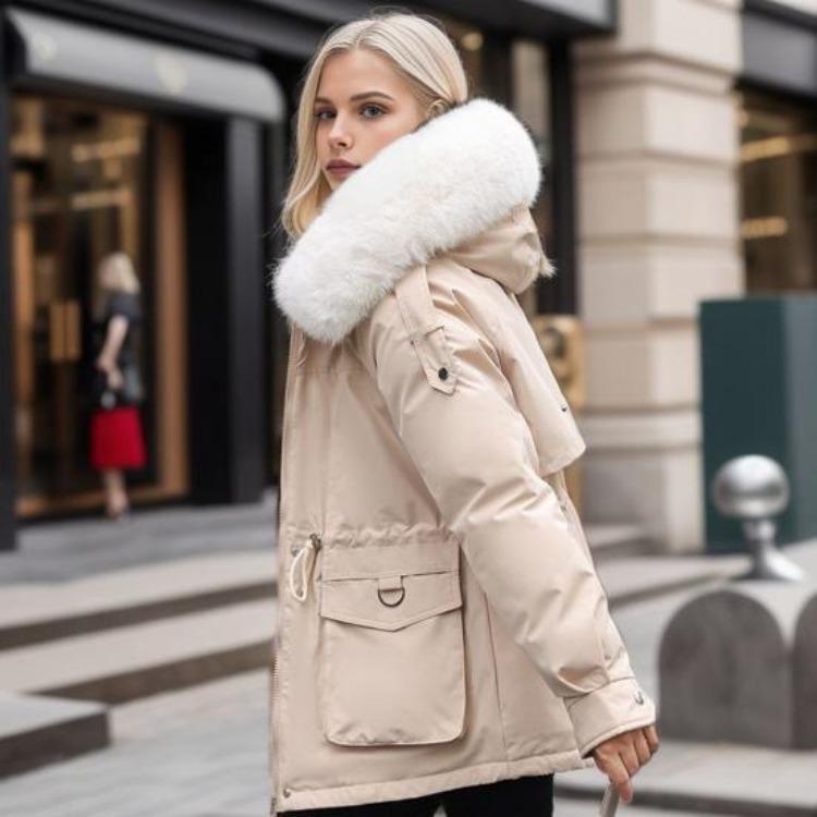 Winter Women Coat Cotton Jacket Furry Hood Thickened Plush Mid Length Long Sleeves Elastic Waist Zipper Closure Pockets