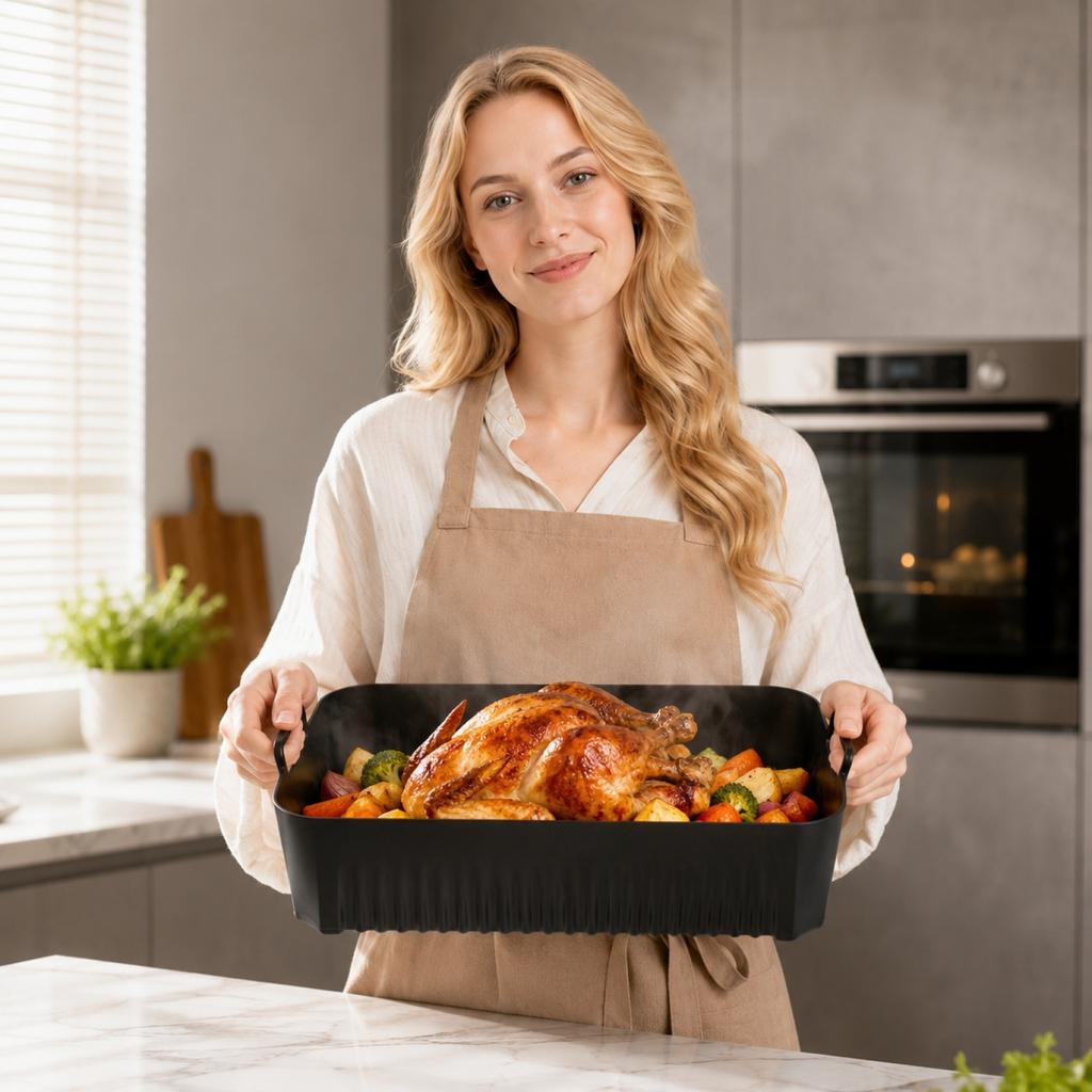 Silicone Air Fryer Liners Set of 2 Nonstick Dual Handle Reusable Baking Trays for Air Fryer Oven Microwave Dishwasher Safe Square Design