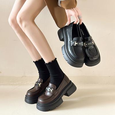 2025 Autumn New Small Man Height Increase Black Loafers Women's Retro British Style Thick Heel One Pedal Small Leather Shoes