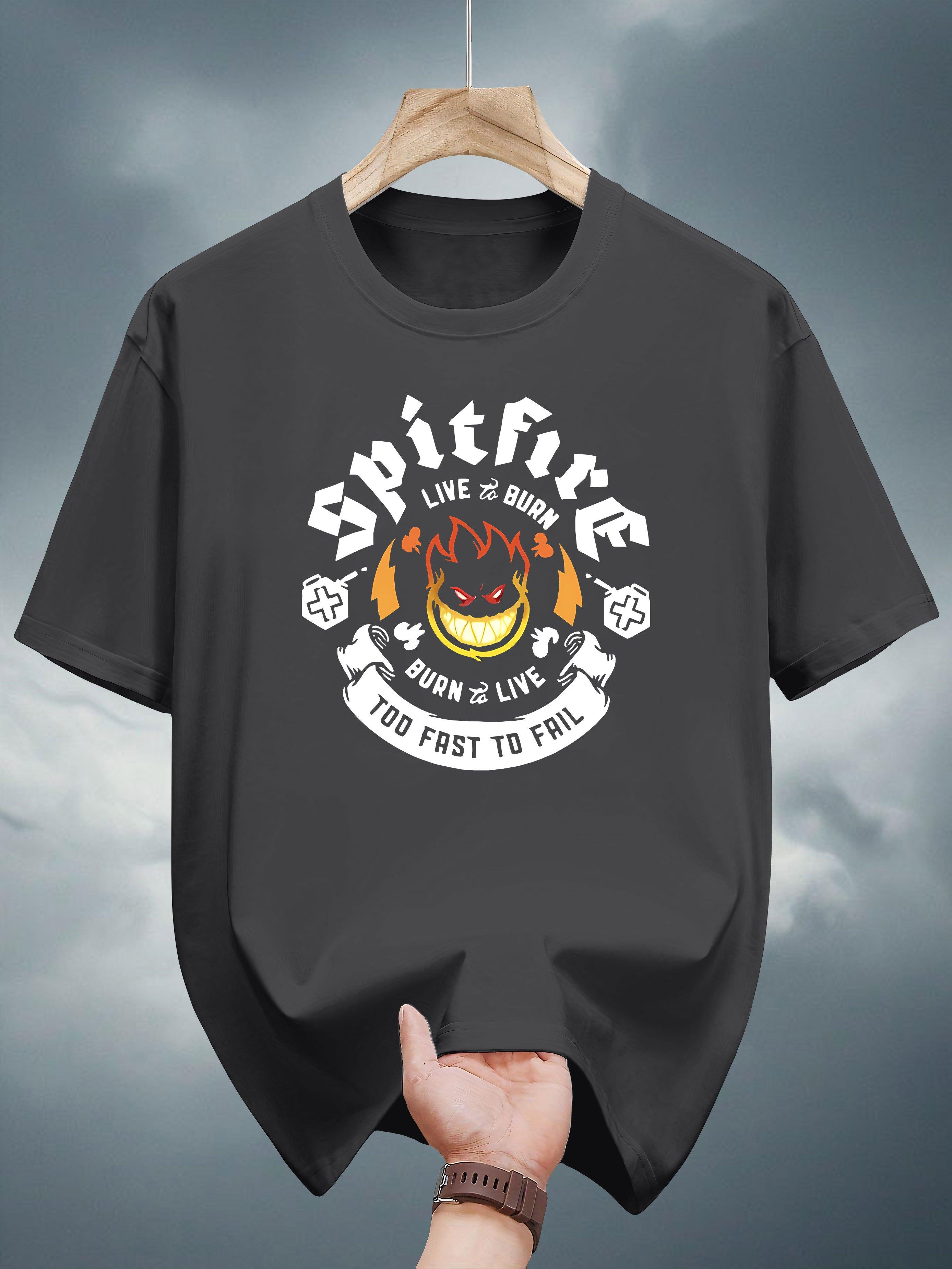 

Heavyweight 200gsm Cotton T-shirt - Black Graphic Tee with Flames & Spitfire Logo - Breathable Crew Neck Streetwear Shirt for Concerts M