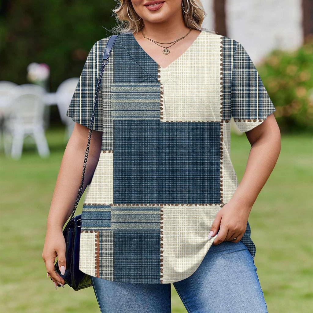 Women's Plus Size Fashionable Casual Loose-Fit Short Sleeve Elegant V Neck Blouse For Work