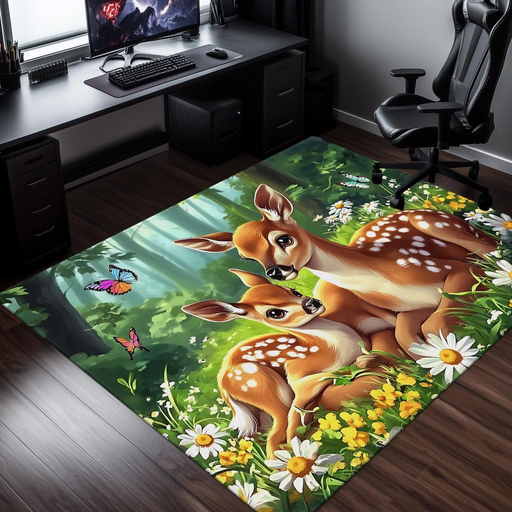 Deer family forest flowers butterfly rug living room decor nature animal print carpet soft plush flooring home decoration