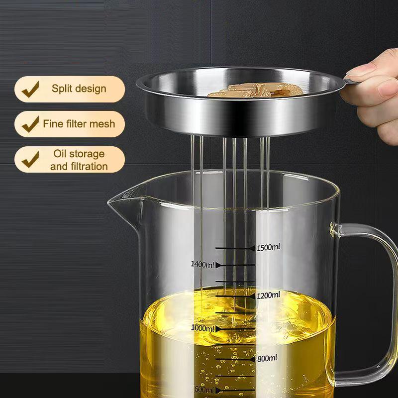 1L/1.5L Stainless Steel Glass Oil Strainer Pot Container Jug Storage Can With Filter Cooking Oil Pot For Kitchen Household Tools
