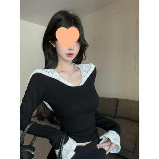 Women s Designer Lace Patchwork Hooded Long-Sleeve Top - Slimming, Stylish, for Autumn/Winter Medium чёрный