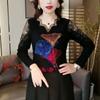 Autumn Women's V-Neck T-Shirt Printed Rhinestone Hollow Slim Fit Soft Stretch T-Shirt