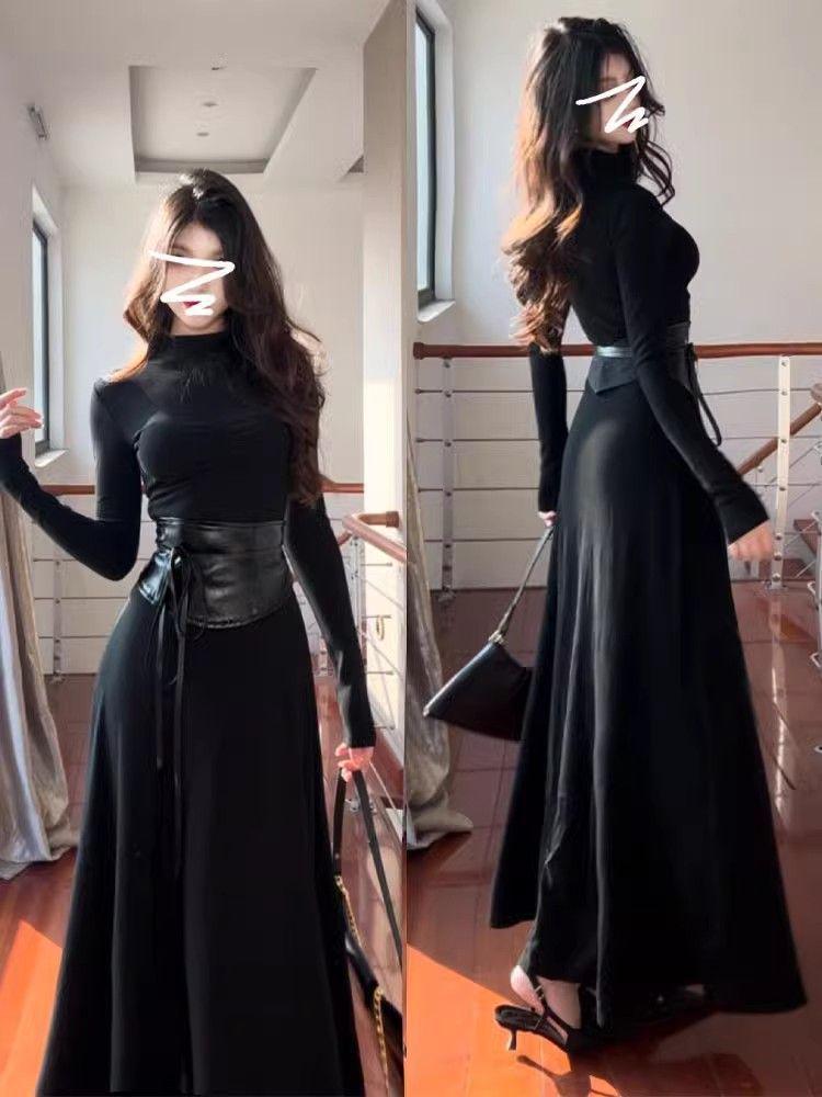 

Hepburn-Style Black Turtleneck Slim-Fit Dress - Long Sleeve, Waist-Cinching, Hip-Hugging Short Skirt for Autumn/Winter Small