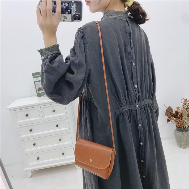 Johnature Women Emboridery Floral Vintage Linen Loose Dress Autumn Solid Color Ruffles Full Sleeve Female Dresses