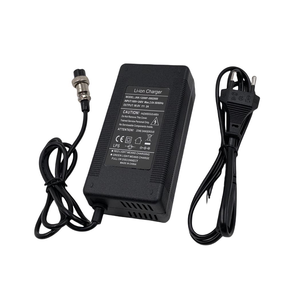 58.8V 2A Charger with GX16-3 Pin DC5.5 XLR Plug, Power Adapter for 52V Li-ion Battery Input 100-240V