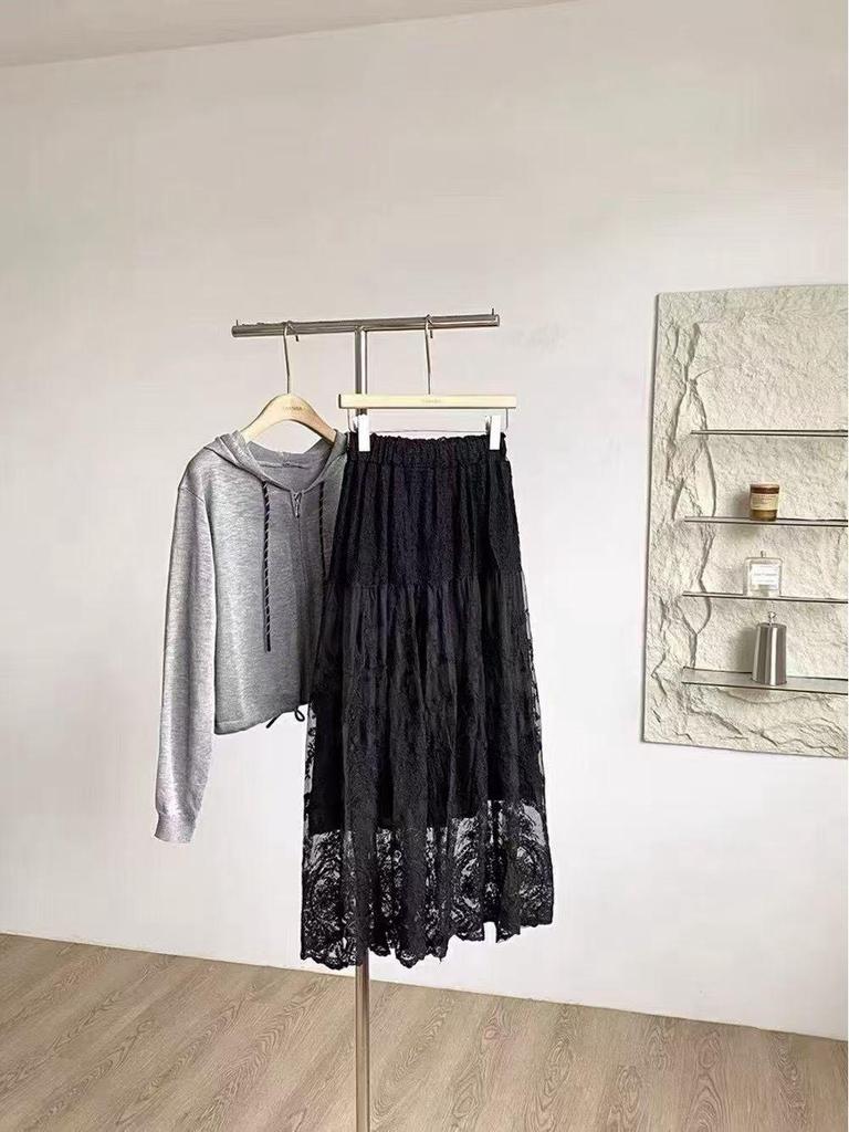 Elegant French Lace Embroidered A-Line Skirt for Women - High Waist, Wide Hem, Long, Layered Design for Autumn/Winter