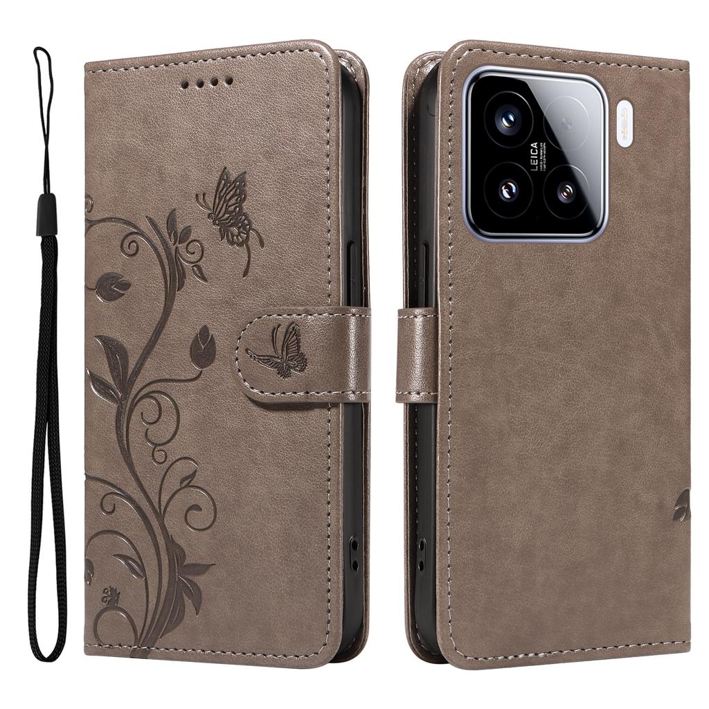 For Xiaomi 15 PU Leather Cases Flower Pattern Wallet Stand Phone Cover with Strap
