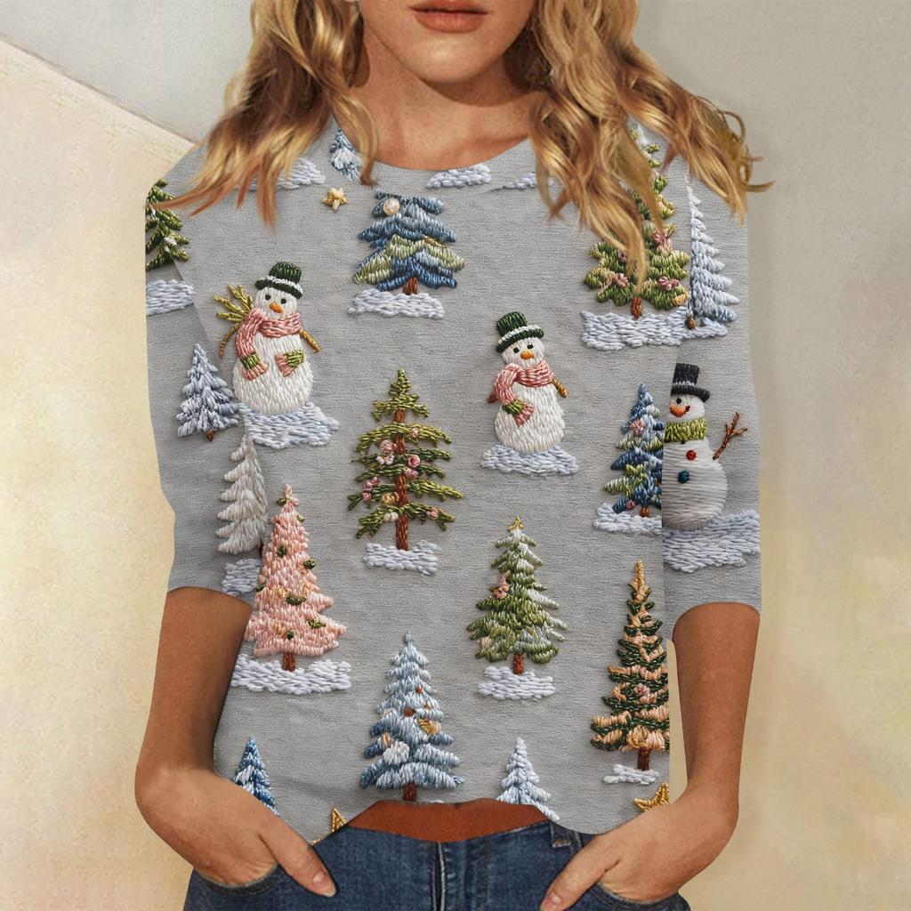 3/4 Sleeve Shirts For Women Print Christmas Tees Blouses Casual Plus Size Basic Tops Pullover