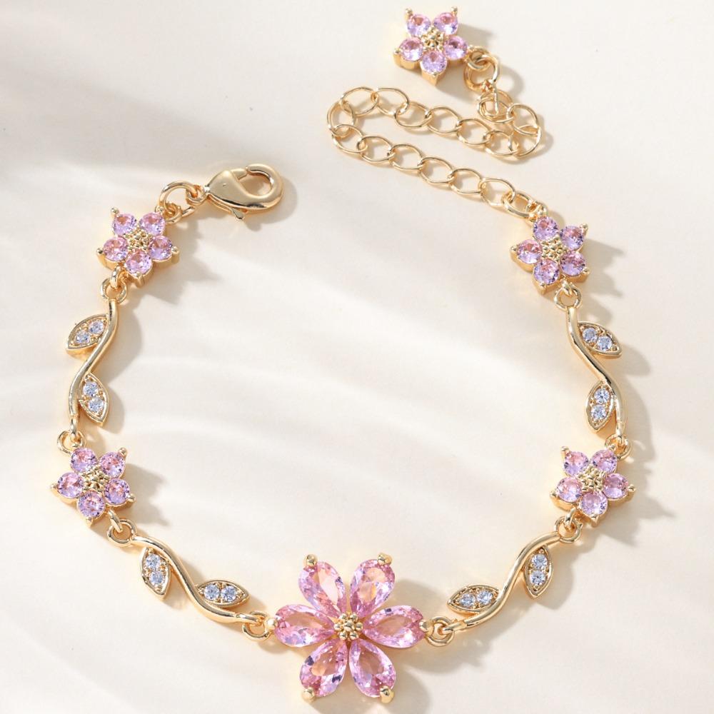 Luxury Green Leaf Flower Bracelet Fashion Exquisite Pink Cubic Zirconia Chain Sparkling Bow Shiny Rhinestone Bangle Wedding