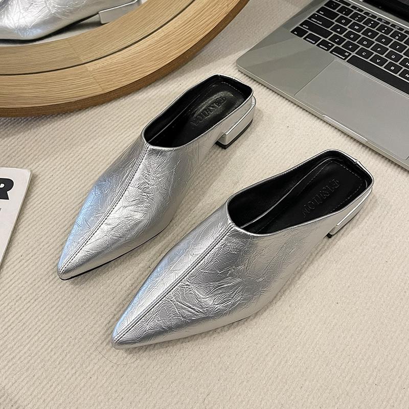 

Весна 2025 Корейський стиль Низький каблук Плоска підошва Гострий носок Жіноче вуличне взуття Мюлі Шльопанці М яка гумова підошва Зручні 37 срібний