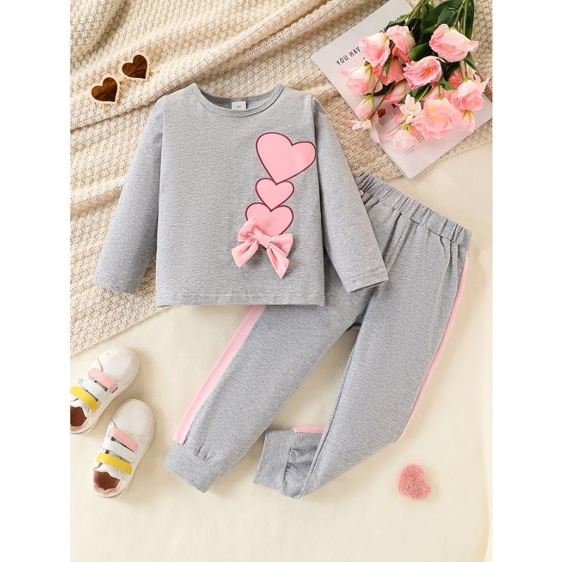 2pcs Girls' Cotton Blend Outfit: Heart Print Long Sleeve Top with 3D Bows & Contrast Color Pants, Regular Fit Machine-Washable Spring
