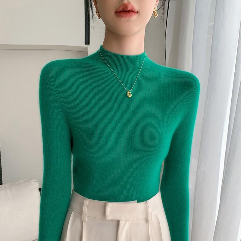 Women's Black Wool Semi-High Neck Base Layer Sweater - Soft, Comfortable, Slimming Fit for Autumn/Winter.