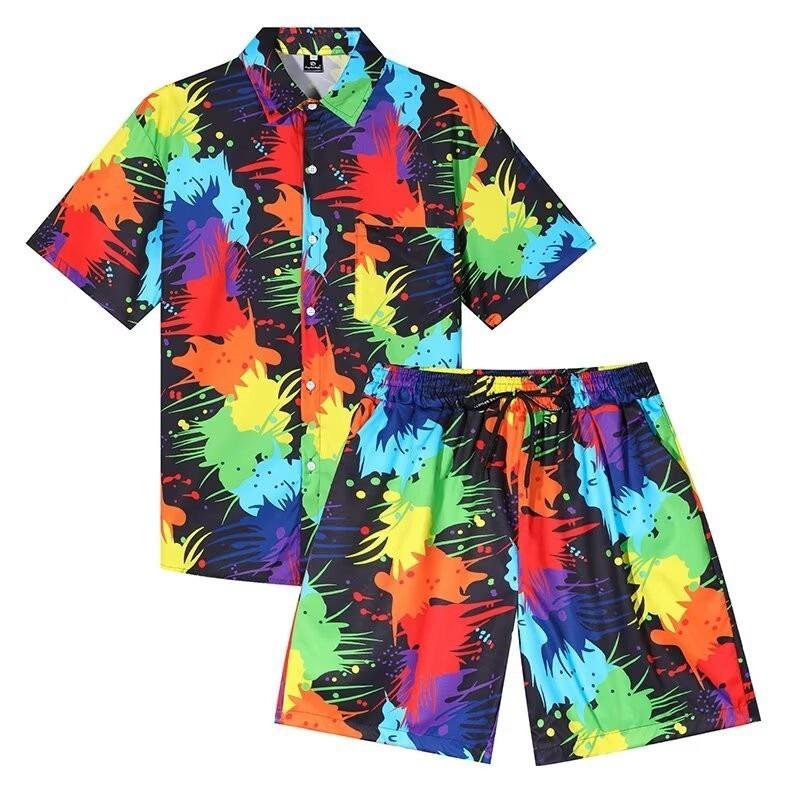 Classic Comfortable Tie-dye Watercolor Ink Color 3D Print Shirt +Shorts Two Piece Set Short Sleeve Flip Collar Shirts Half Pants