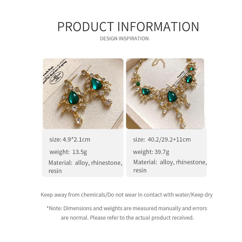 Rhinestone Leaf Drop Pendant Necklace Earring Temperament Vintage Jewelry Sets for Women