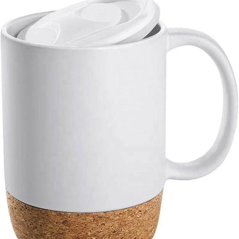 Einfache Keramik-Kaffeetasse mit Korkboden und Deckel, Spritzgeschützt, Hitzebeständig, Matt, Uni-Weiß, Schwarzer Korkboden, Teetasse
