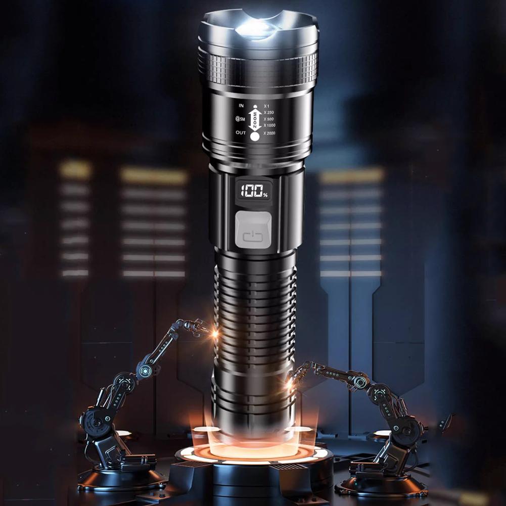 LED Outdoor Portable Flashlight USB Charging Camping Powerful Flashlight Power Display Strong Light Flashlight for Power Outages