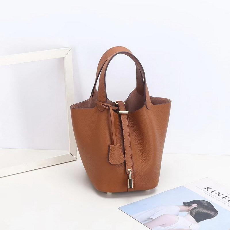 First-layer Lychee Pattern Leather Bucket Bag Brand Fashionable Gold Button Cowhide Vegetable Basket Women's