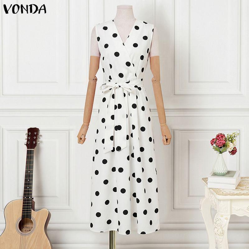 VONDA Rochie lungă de vară pentru femei, stil retro, fără mâneci, cu imprimeu buline, casual, rochie de soare