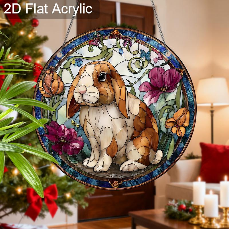 Acrylic Lop-Eared Rabbit with Flowers Suncatcher, Stained Glass Effect Window Hanging Ornament for Animal Lover Gifts