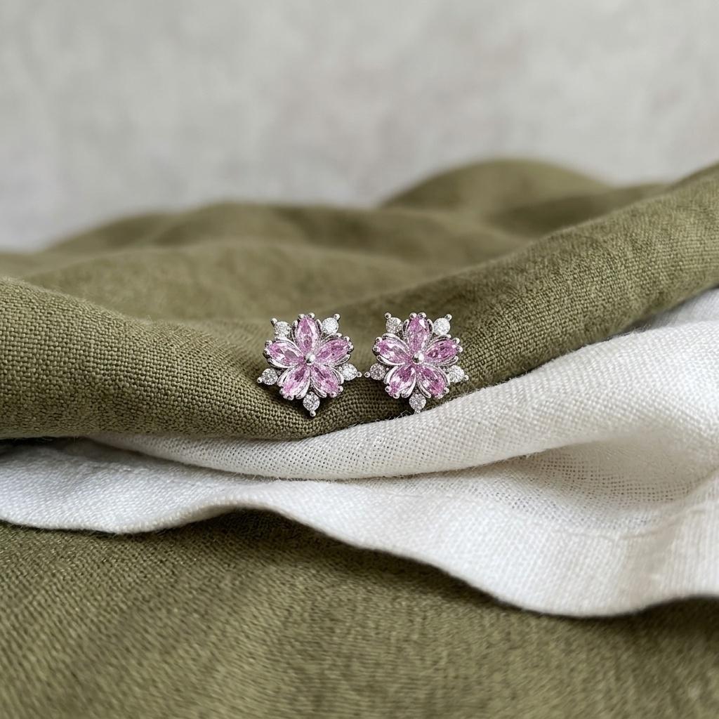 Luxury Trendy Pink Flower Stud Earrings Sparkling Zircon Sakura Cherry Blossom Rhodium Plated Jewelry Women Party Gifts Simple