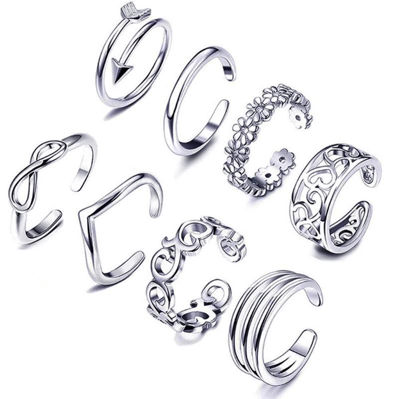 8pcs Open Toe Rings Flower Hollow Band Vintage Toe Ring Set Adjustable Women Summer Beach Jewelry