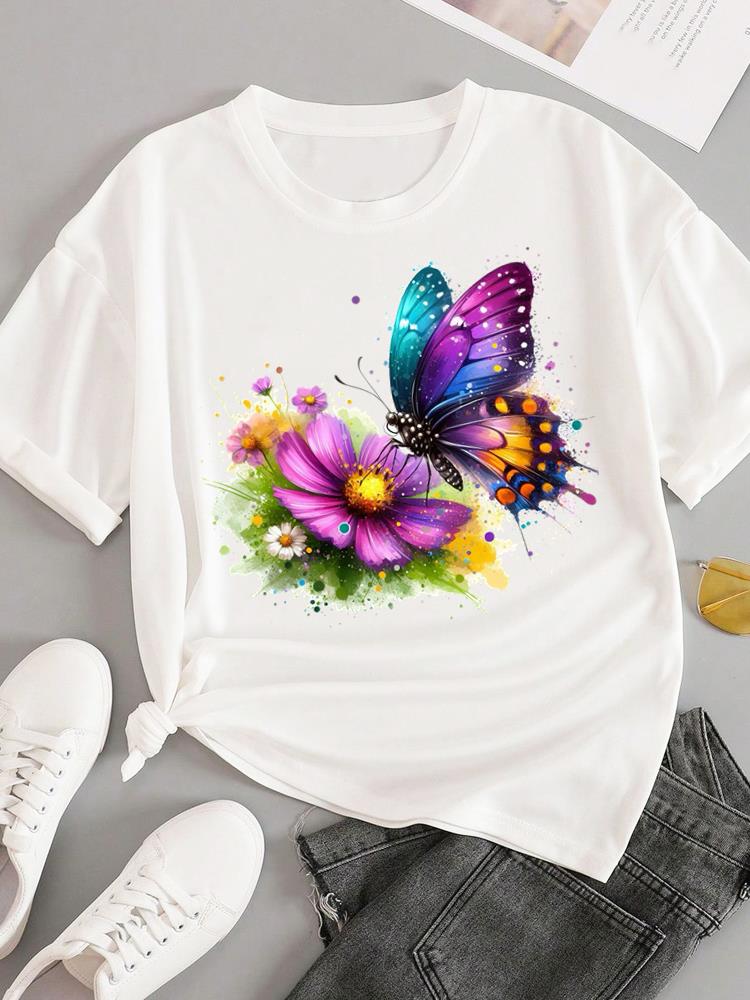 (Asian Size) sweet flower feather Short Sleeve T-shirts Women's Top T Female Print  Fashion O-neck Casual Clothing  Graphic Tee