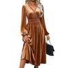 2024 Herbst/Winter Einfarbiges V-Ausschnitt Rüschen Langarm Hohe Taille Kleid für Damen