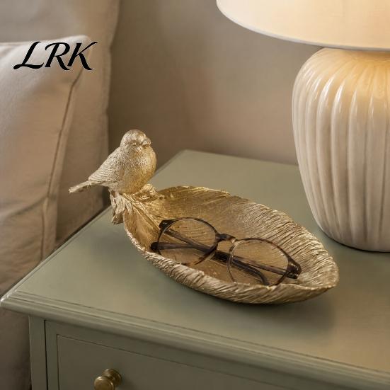Stylish Home Accents Elegant Bird Leaf Shaped Trinket Dish, Resin Jewelry Tray, Vintage Gold Ring Decorative Entrance Tray Holder for Nightstand