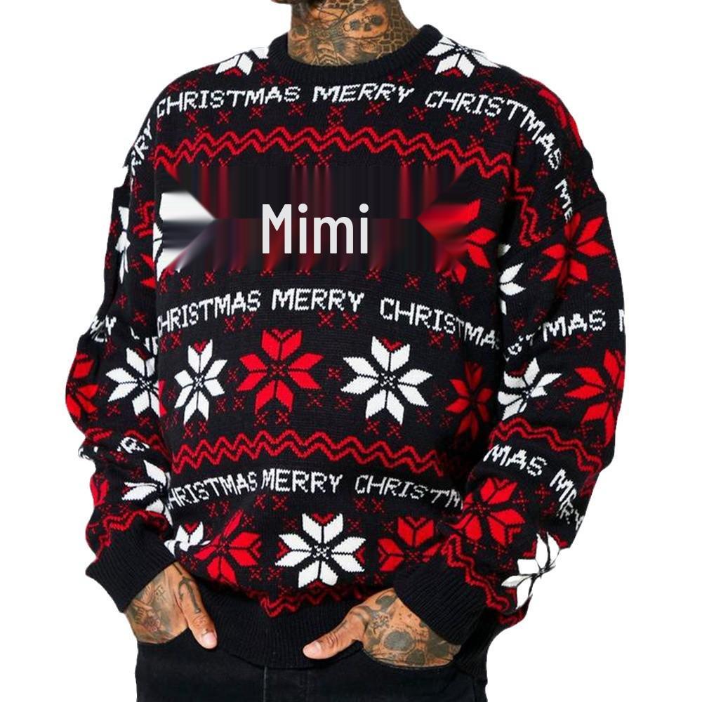 Herren Europäischer & Amerikanischer Herbst/Winter Weihnachten Jacquard Lockerer Drop-Shoulder Pullover mit langen Ärmeln