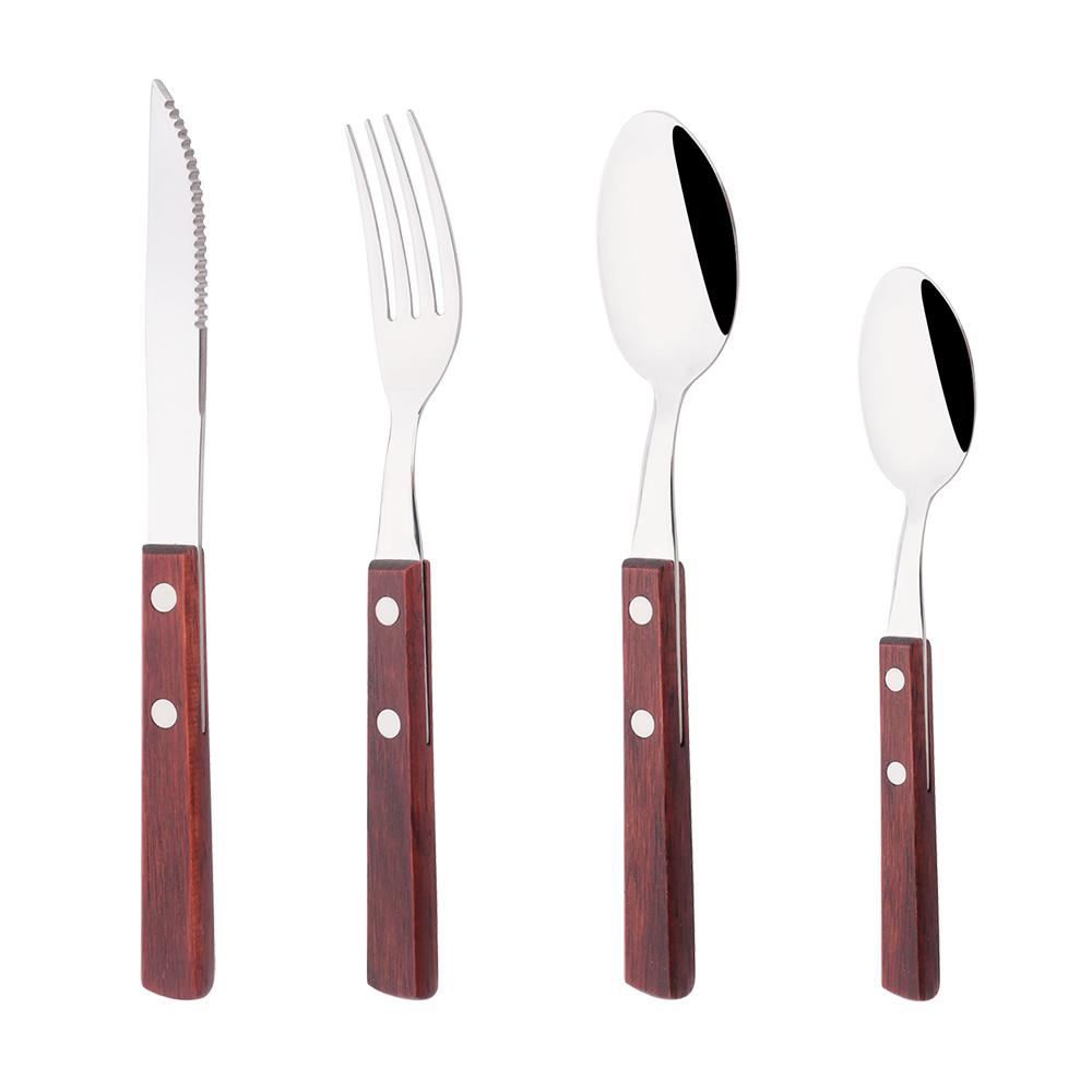 

4/16/24 шт. Червоний Срібний Набір Столових Приборів з Нержавіючої Сталі Столовий Посуд Дерев яна Ручка Ложка Ніж для Стейка Вилка Набір Столового Посуду для Вечері