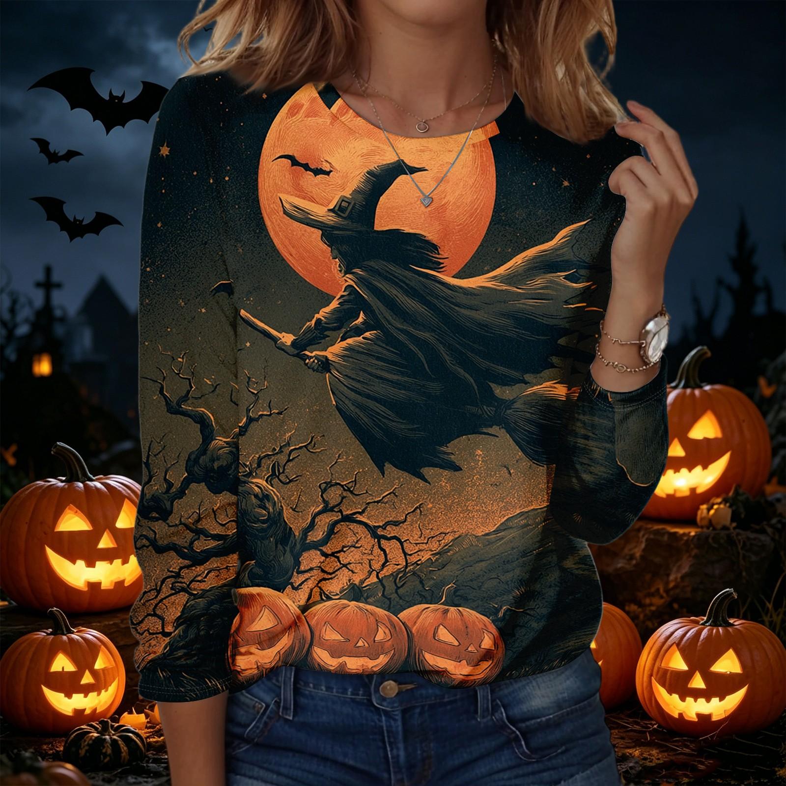 Women s Fashion Halloween Print Long Sleeve Neck Pullover Top L