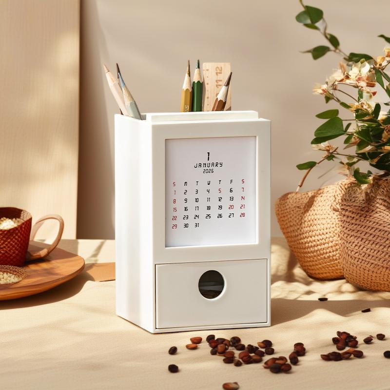2026 Desk Calendar, Pen Holder Storage Box Desktop Calendar Ornament