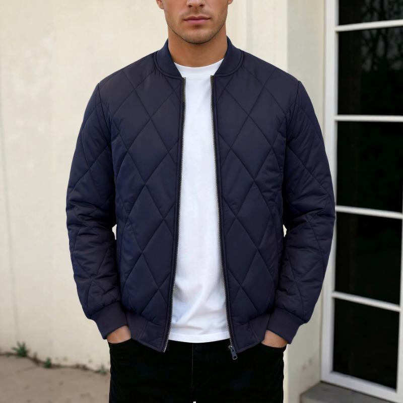 Men Solid Color Stand Collar Thickened Warm Quilted Bomber Jacket Casual Outerwear